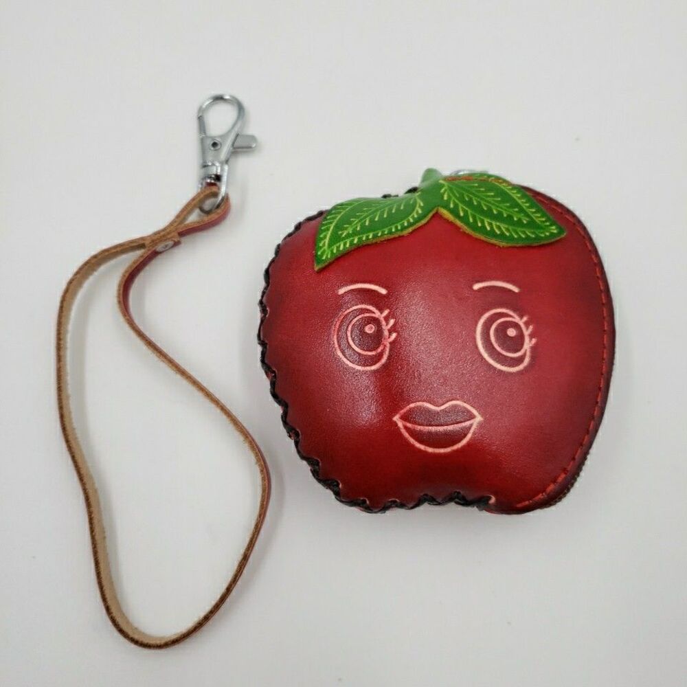 Apple Coin Purse Leather Fruit Mini Wallet Wristlet Keychain Cute Zipper Pouch - Picture 3 of 13